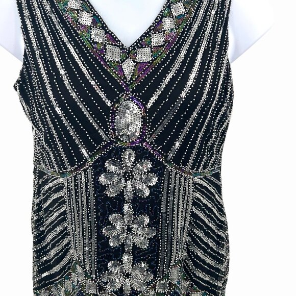 STUNNING BEADED SEQUIN SPIRIT HALLOWEEN 1920'S FLAPPER DRESS COSTUME - L BLACK - Picture 3 of 10
